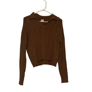 Women's Brown Cable Knit V‑Neck Polo Sweater